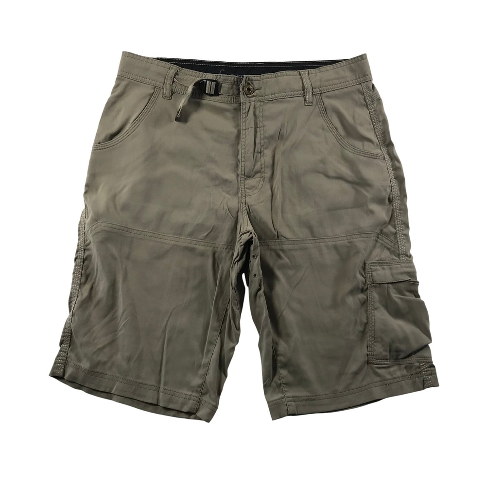 Prana Zion Men Khaki Tan Stretch Nylon Cargo Hiking Shorts Size S Built-in Belt
